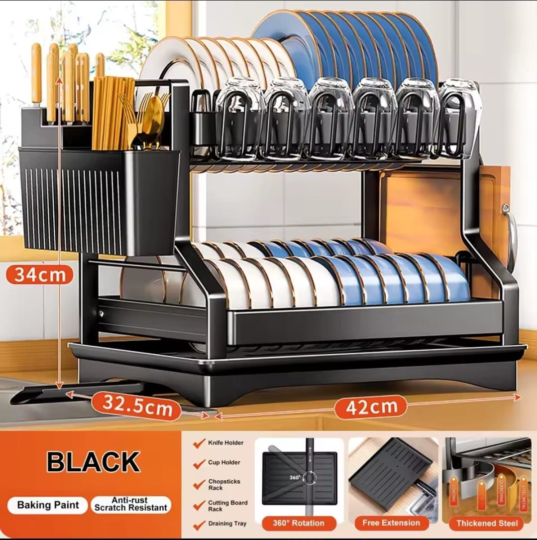 2-Tier Kitchen Dish Rack – Multifunctional Drainer with Cup & Utensil Holder