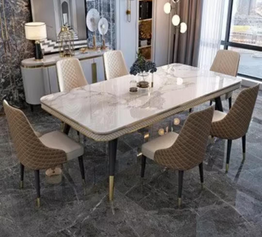 6 - Seater Marble Dining Table Set with Microfiber Chairs - Enkaji Households