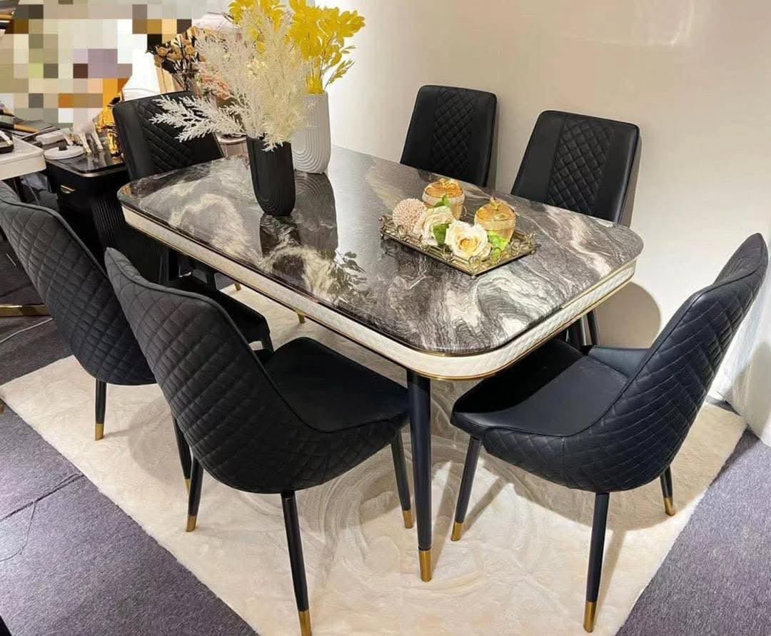 6 - Seater Marble Dining Table Set with Microfiber Chairs - Enkaji Households