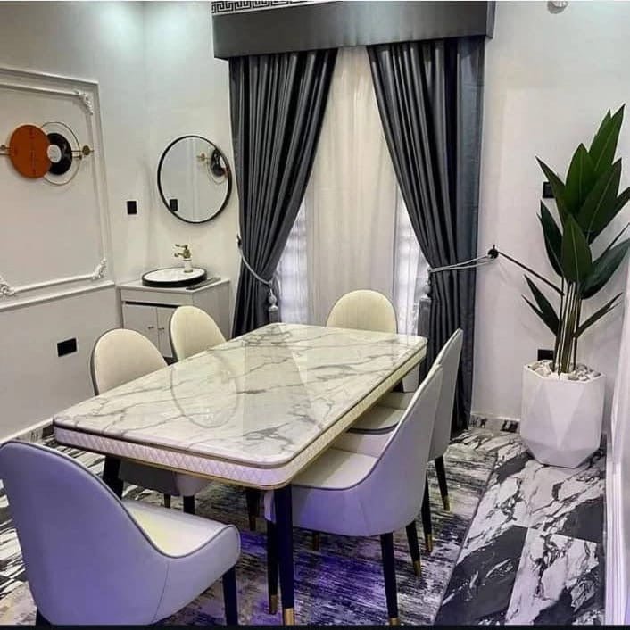 6 - Seater Marble Dining Table Set with Microfiber Chairs - Enkaji Households