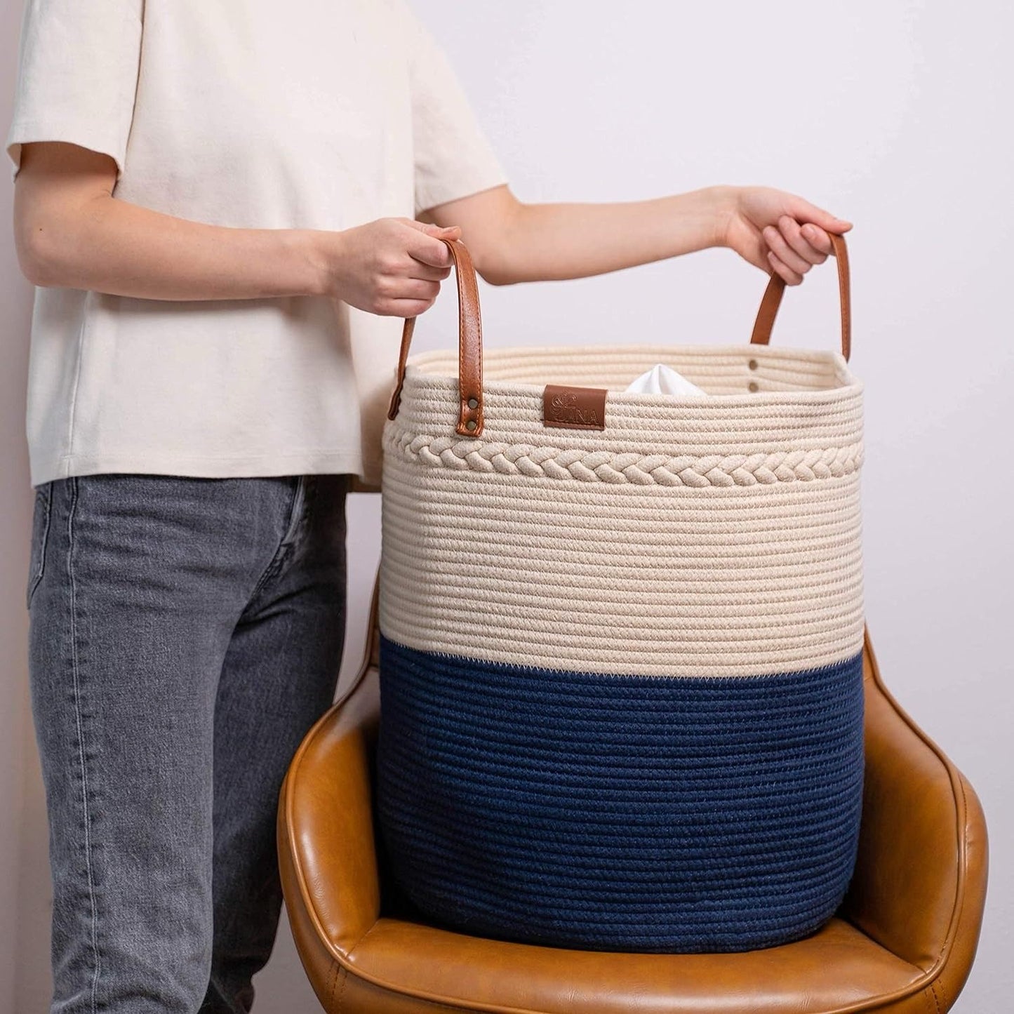 Large Cotton Rope Storage Basket – Woven Design with Handles