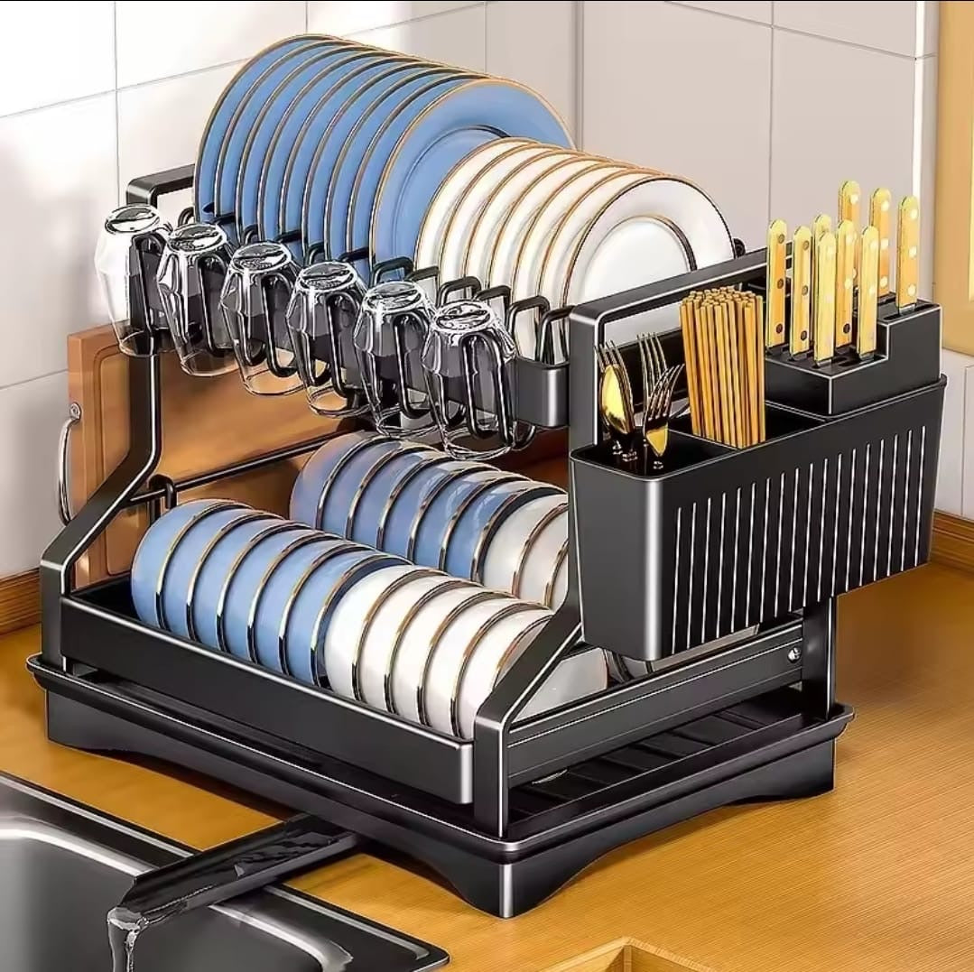 2-Tier Kitchen Dish Rack – Multifunctional Drainer with Cup & Utensil Holder