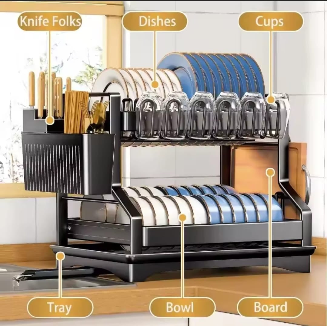 2-Tier Kitchen Dish Rack – Multifunctional Drainer with Cup & Utensil Holder