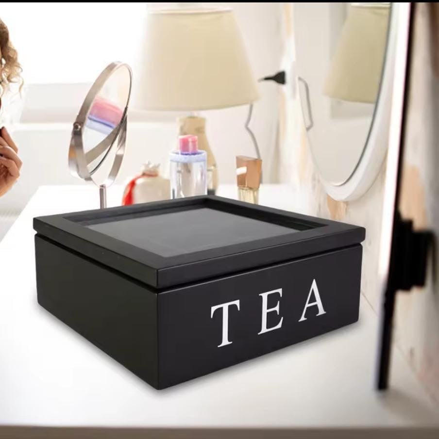 Wooden 9 - Grids Tea Box with Transparent Lid - Enkaji Households