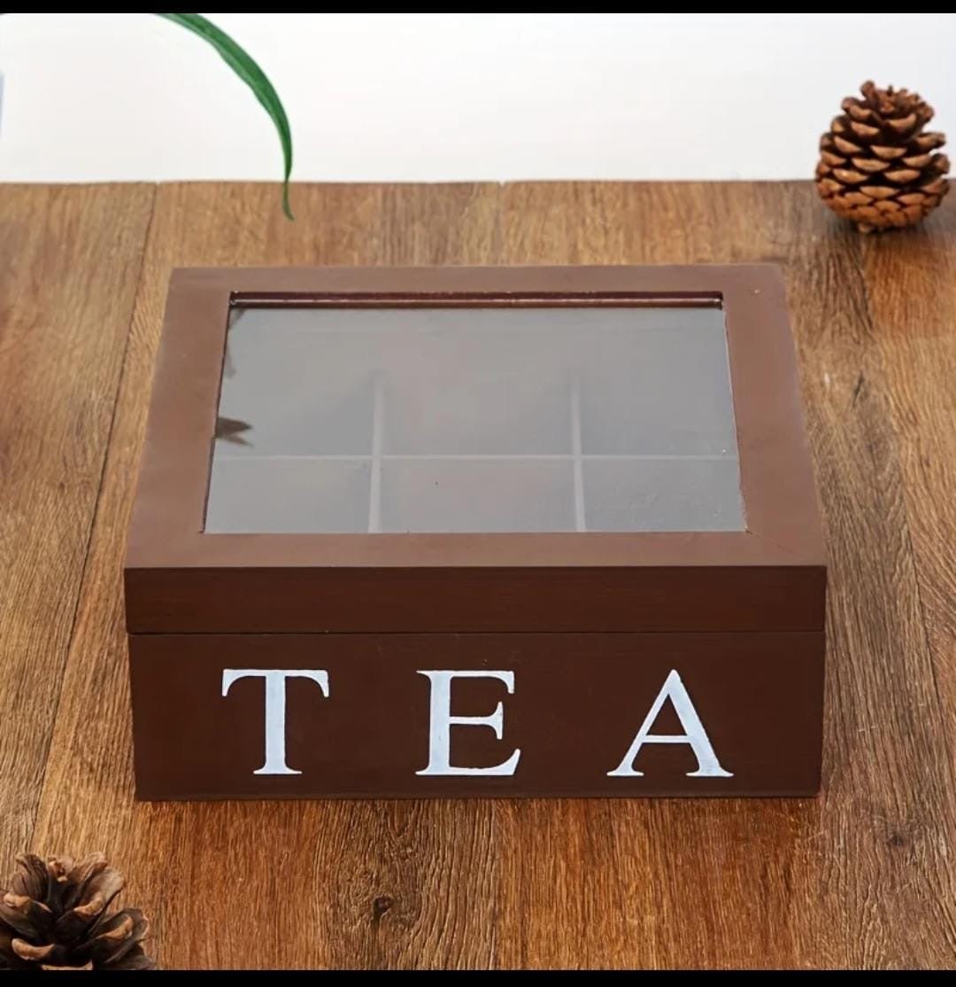 Wooden 9 - Grids Tea Box with Transparent Lid - Enkaji Households