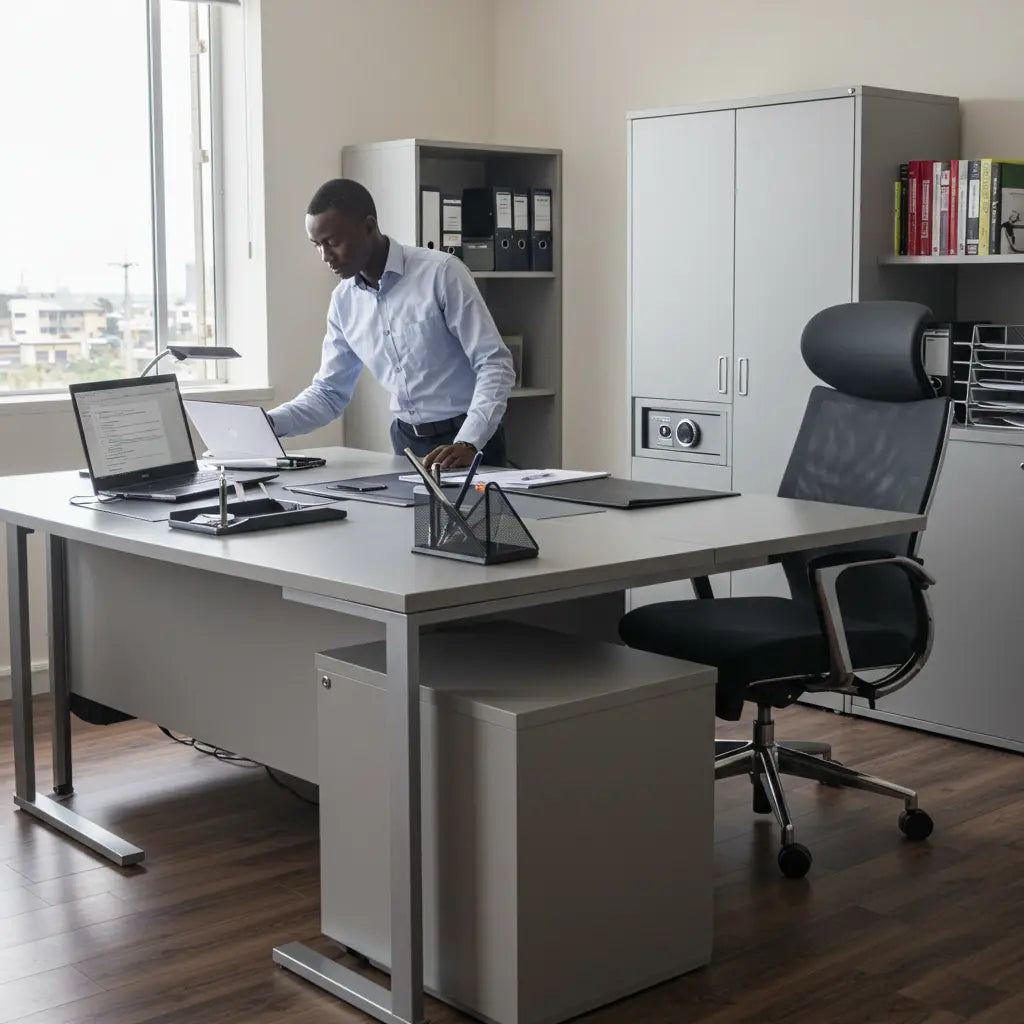 Modern office furniture in Kenya, featuring ergonomic desks, comfortable chairs, safe box and storage solutions.