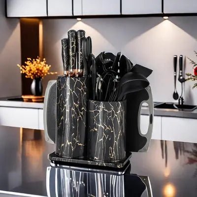 Deluxe Marble Kitchen Knife Set with Utensil Holder - Enkaji Households
