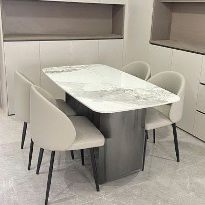 Four - Seater Marble Dining Table with Microfiber Chairs - Enkaji Households