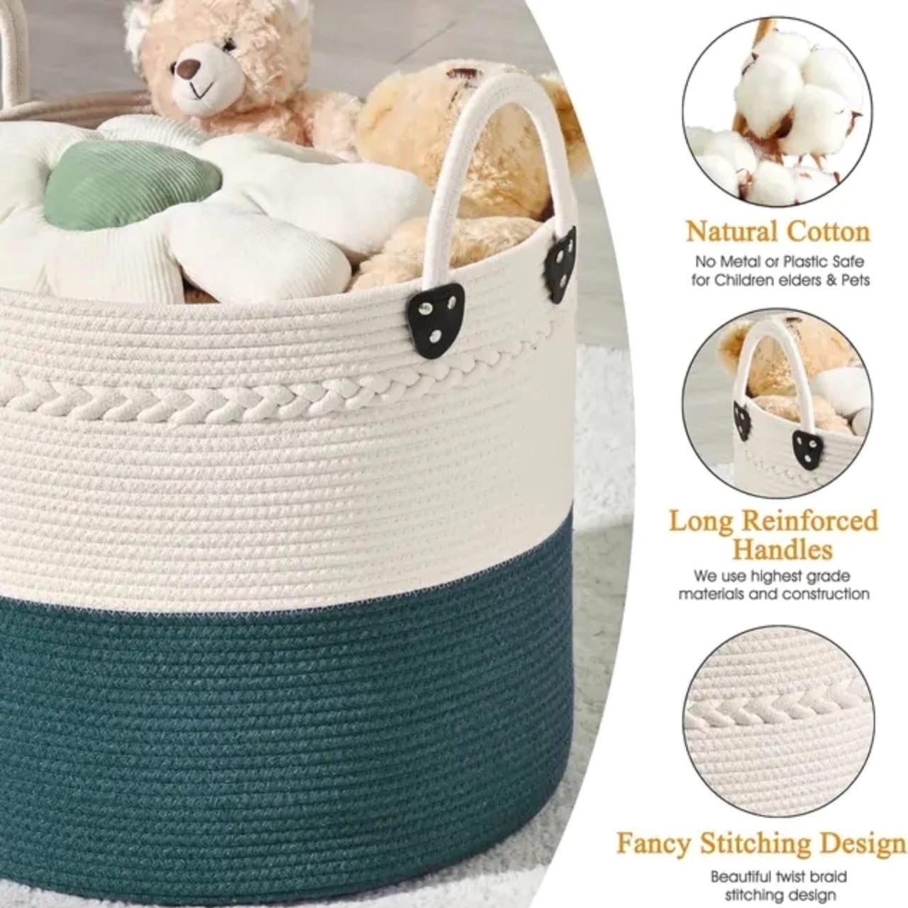 Large Cotton Rope Basket – Woven Storage with Handles (46cm x 40cm) - Enkaji Households