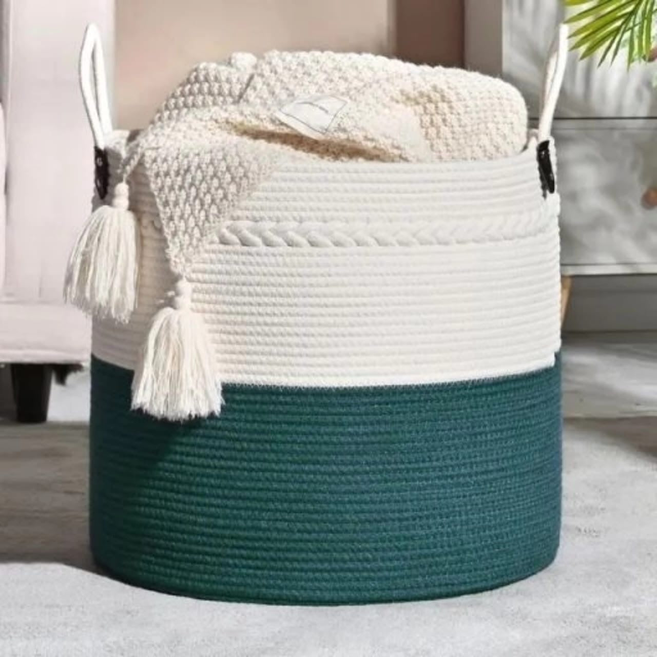Large Cotton Rope Basket – Woven Storage with Handles (46cm x 40cm) - Enkaji Households