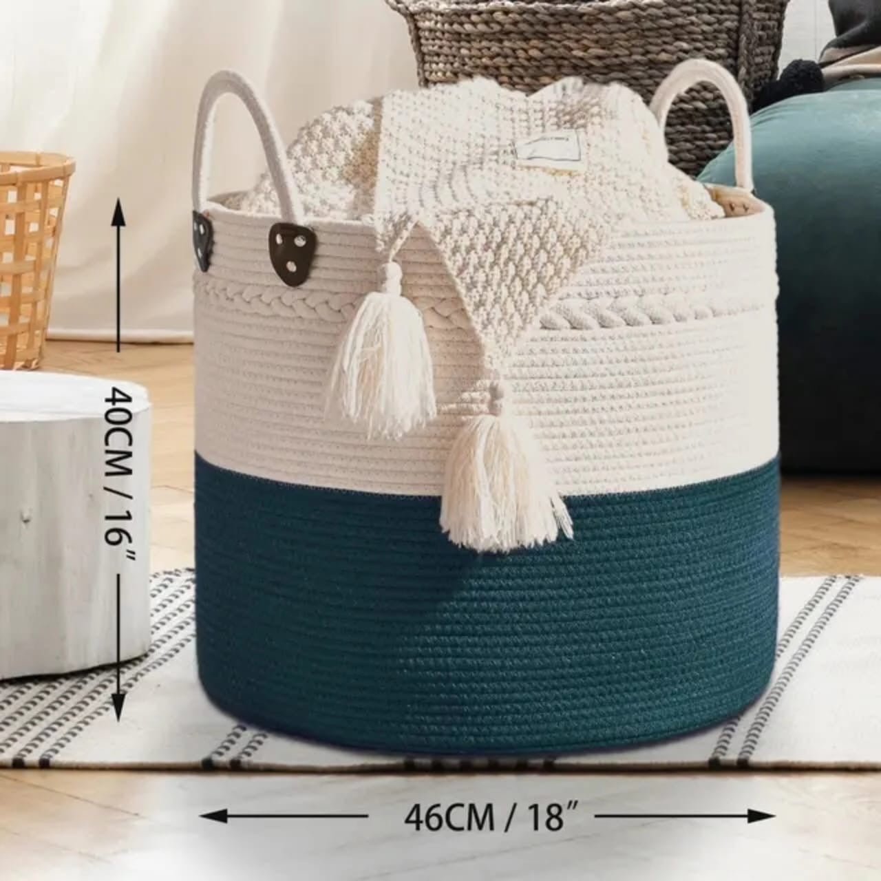 Large Cotton Rope Basket – Woven Storage with Handles (46cm x 40cm) - Enkaji Households