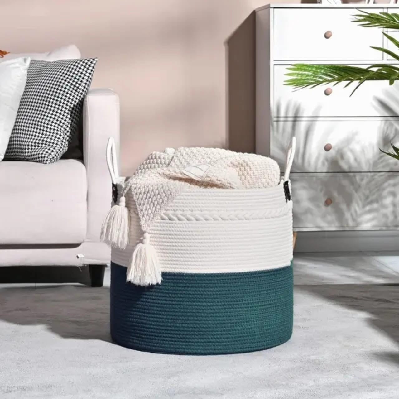 Large Cotton Rope Basket – Woven Storage with Handles (46cm x 40cm) - Enkaji Households