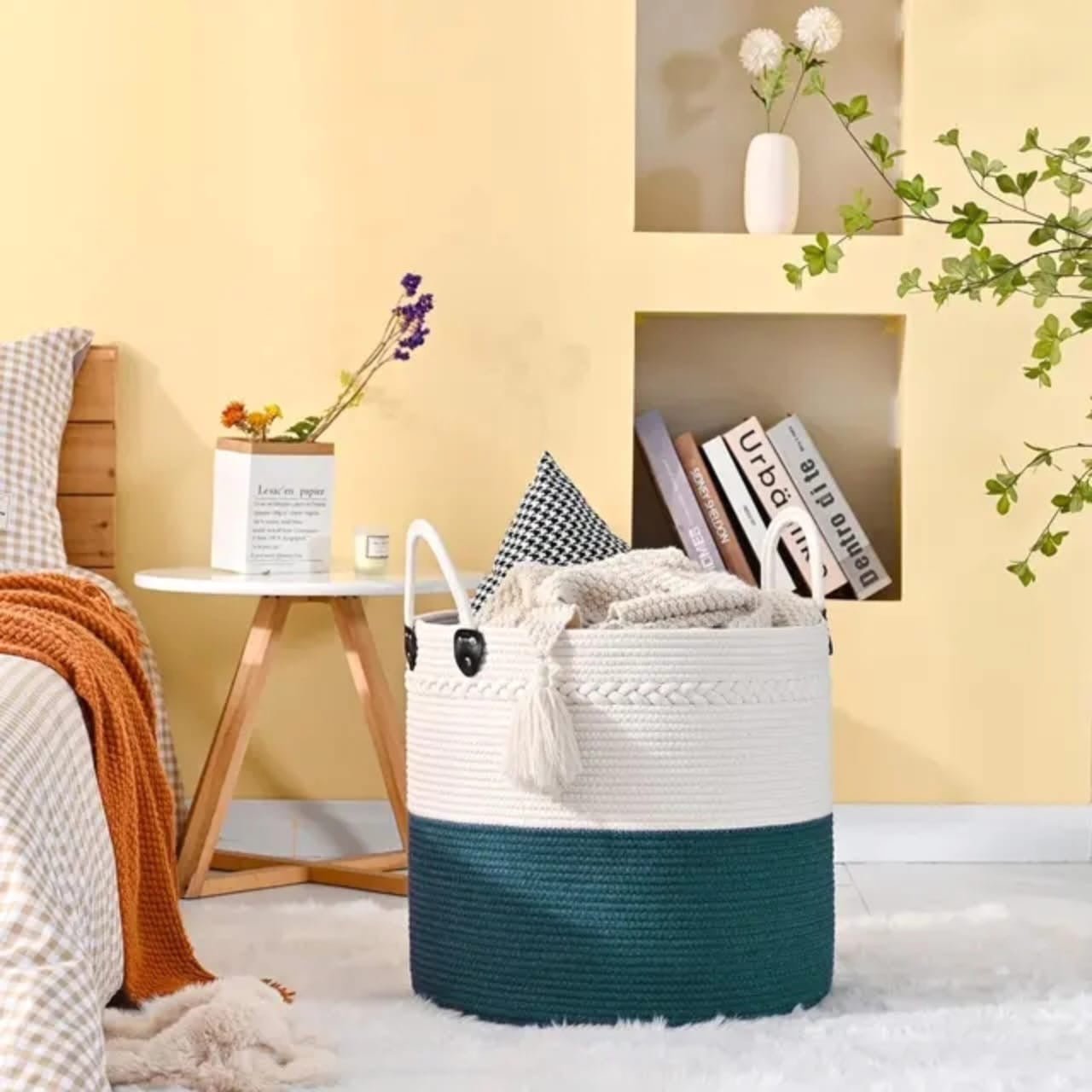 Large Cotton Rope Basket – Woven Storage with Handles (46cm x 40cm) - Enkaji Households