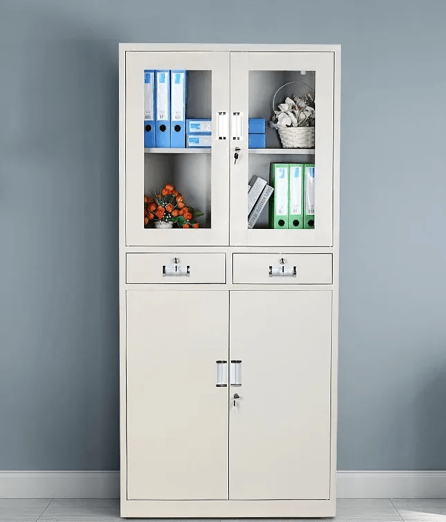 Modern Steel Office Cabinet with Glass Panels and Lockable Drawers - Enkaji Households