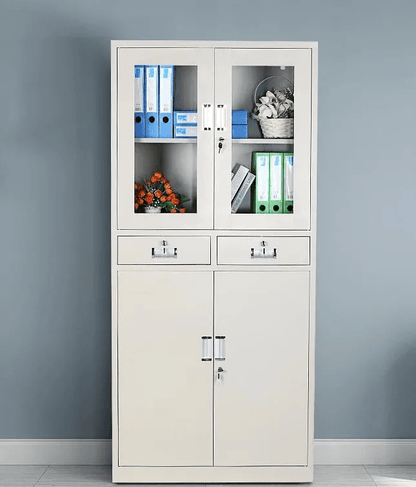 Modern Steel Office Cabinet with Glass Panels and Lockable Drawers - Enkaji Households
