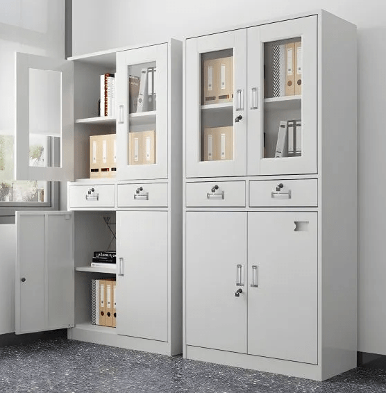 Modern Steel Office Cabinet with Glass Panels and Lockable Drawers - Enkaji Households