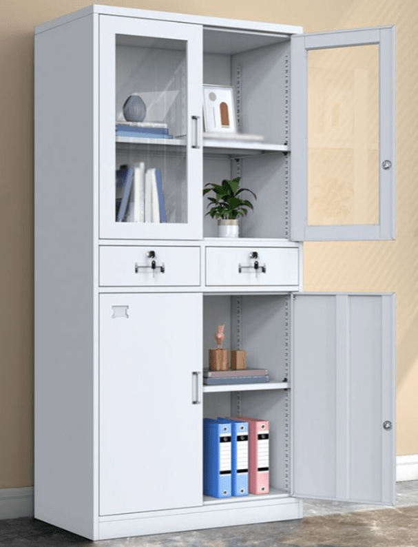 Modern Steel Office Cabinet with Glass Panels and Lockable Drawers - Enkaji Households
