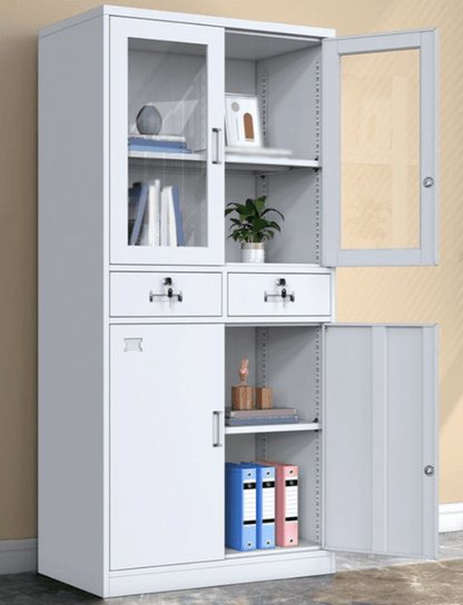 Modern Steel Office Cabinet with Glass Panels and Lockable Drawers - Enkaji Households